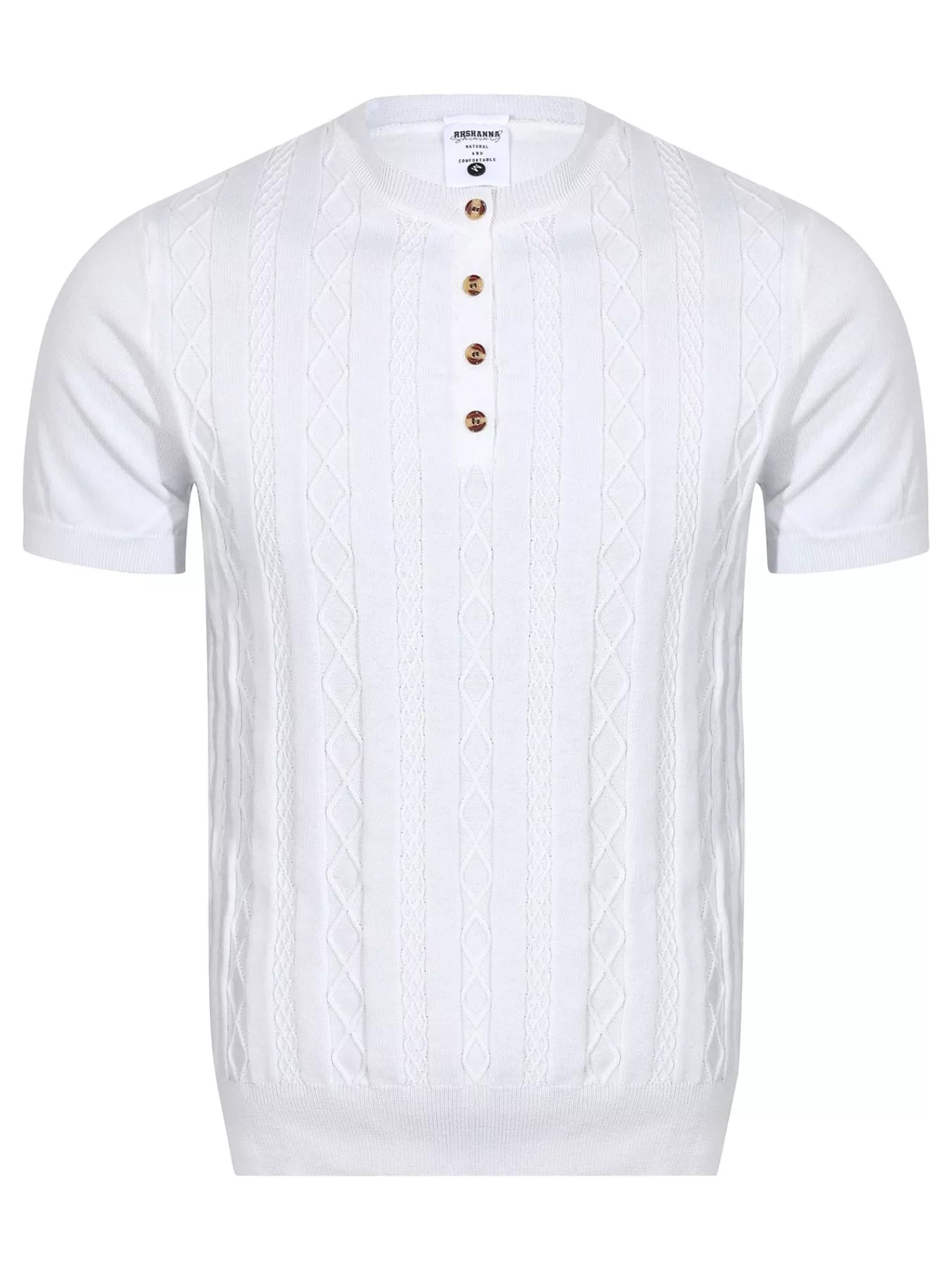 Men's cable-knit top with short sleeves in a polyester-spandex blend.