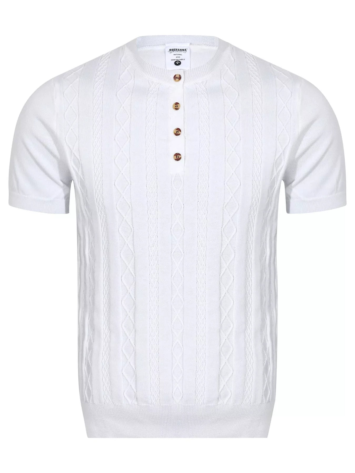 Men's cable-knit top with short sleeves in a polyester-spandex blend.