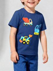 Children's navy crew-neck T-shirt featuring a construction vehicle design and short sleeves.