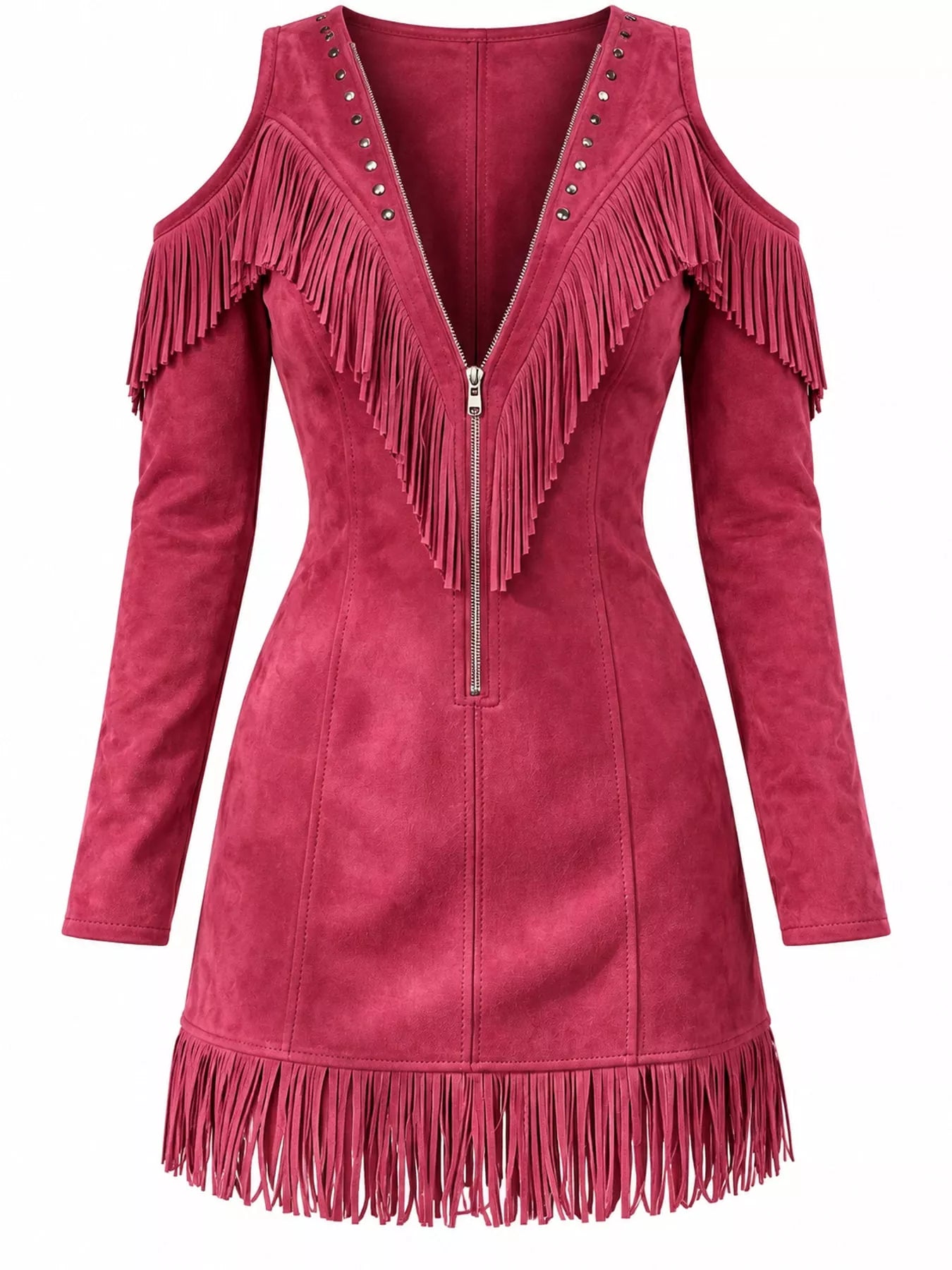 Front flat view of hot pink fringed cold shoulder mini dress with fringed hem