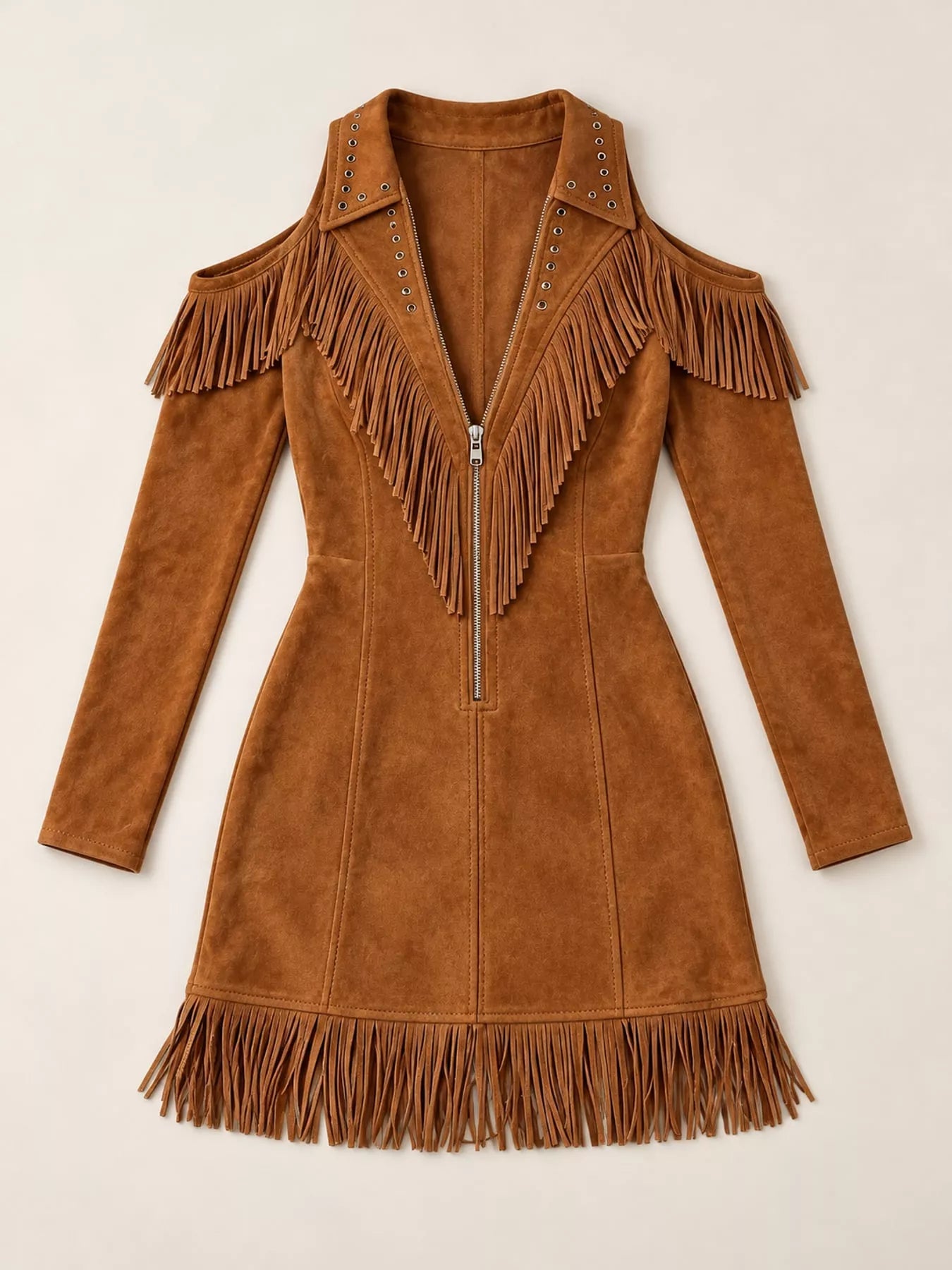 Caramel fringed cold shoulder mini dress laid flat showing zip front and fringe
