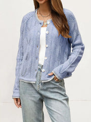 Light blue hollow out knit cardigan with leaf pattern worn open