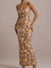 Front angled view of a multicolor floral sequin bodycon maxi dress with thin straps