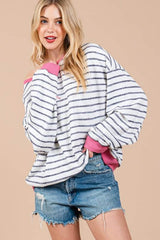 Ces Femme Striped Round Neck Drop Shoulder Sweatshirt Black / S