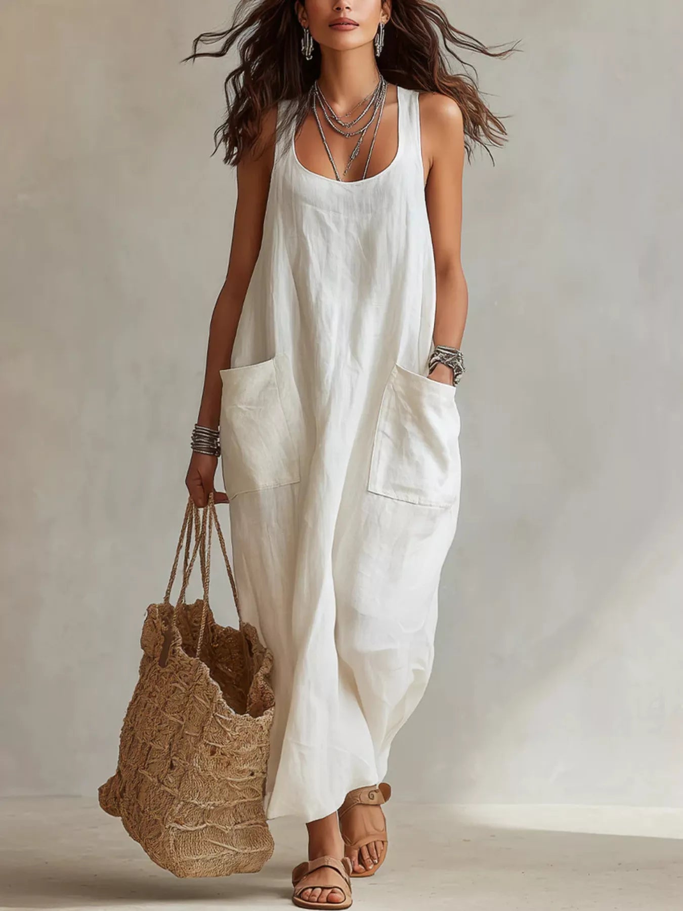 Model wearing white sleeveless scoop neck maxi dress, full view with large front pockets