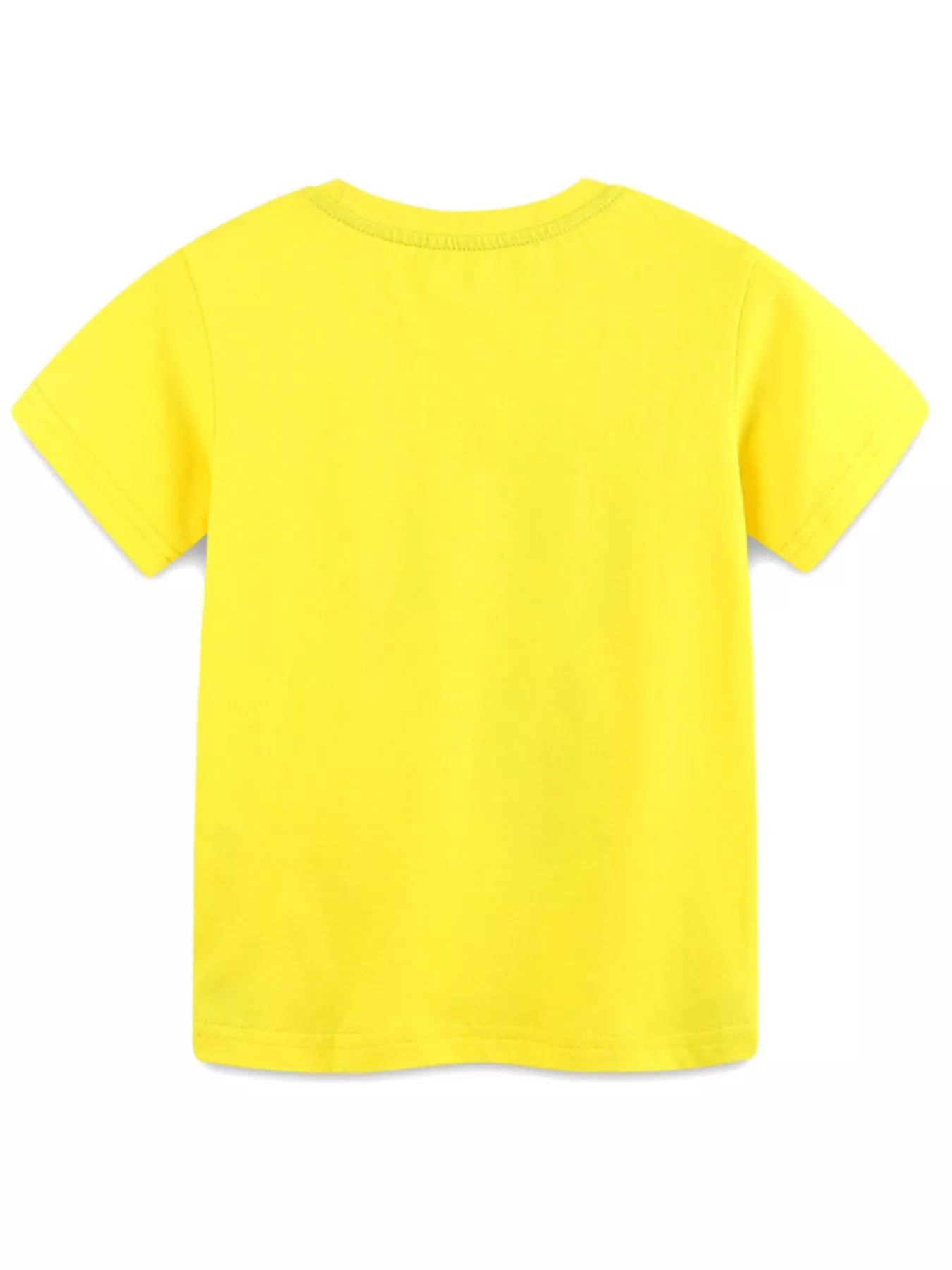 Back view of plain canary yellow children's short sleeve t-shirt laid flat with no print