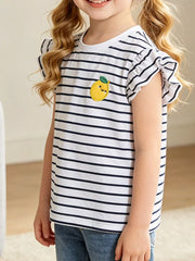White children's striped ruffle sleeve t-shirt with a small yellow lemon applique on the chest