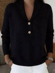 On-model front view of a black shawl collar sweater with cream buttons