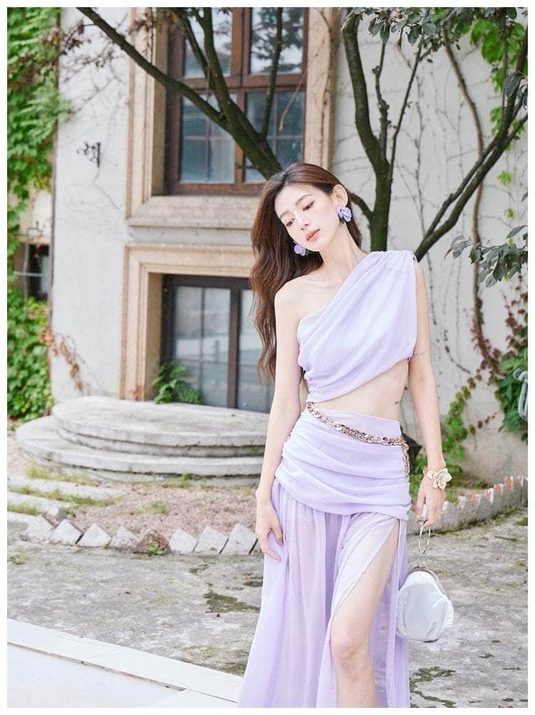 Chain Embellished Goddess Split Maxi Dress