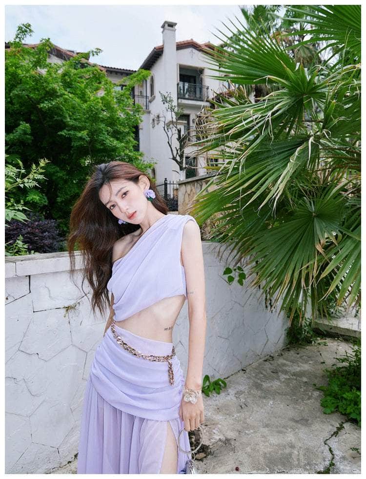 Chain Embellished Goddess Split Maxi Dress