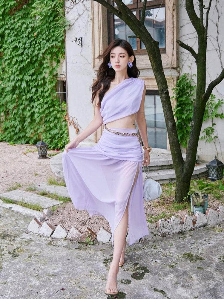 Chain Embellished Goddess Split Maxi Dress