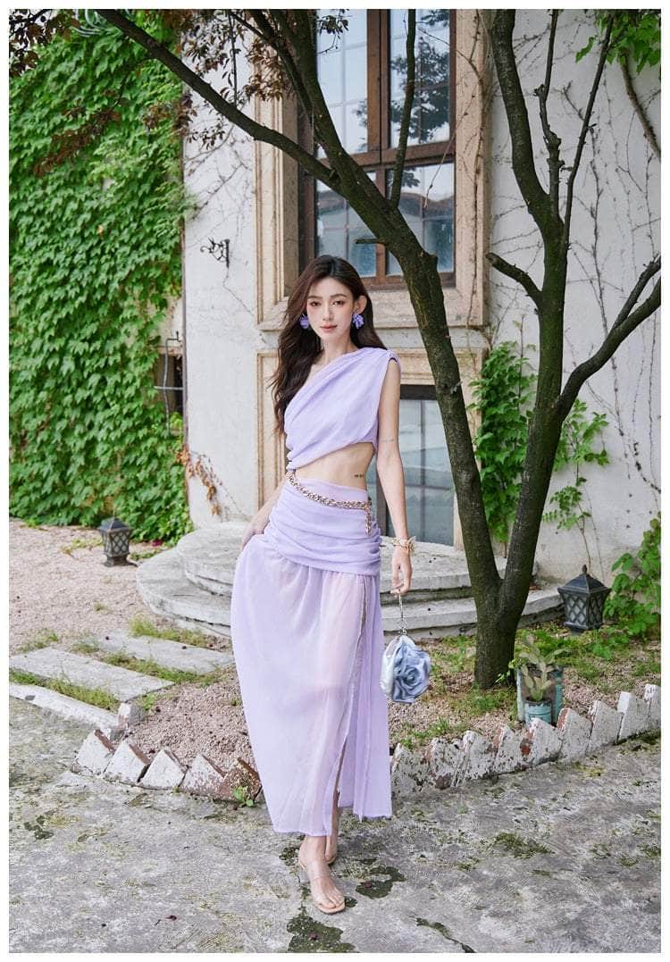 Chain Embellished Goddess Split Maxi Dress S / Plum