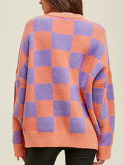 Checkerboard Chic Round Neck Sweater