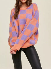 Checkerboard Chic Round Neck Sweater Multicolor / S
