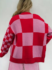 Checkerboard Knit Button-Down Cardigan