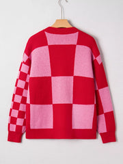 Checkerboard Knit Button-Down Cardigan