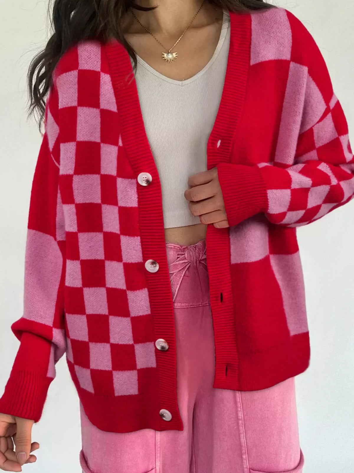 Checkerboard Knit Button-Down Cardigan Deep Rose / S