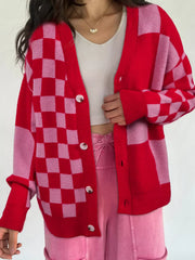 Checkerboard Knit Button-Down Cardigan Deep Rose / S
