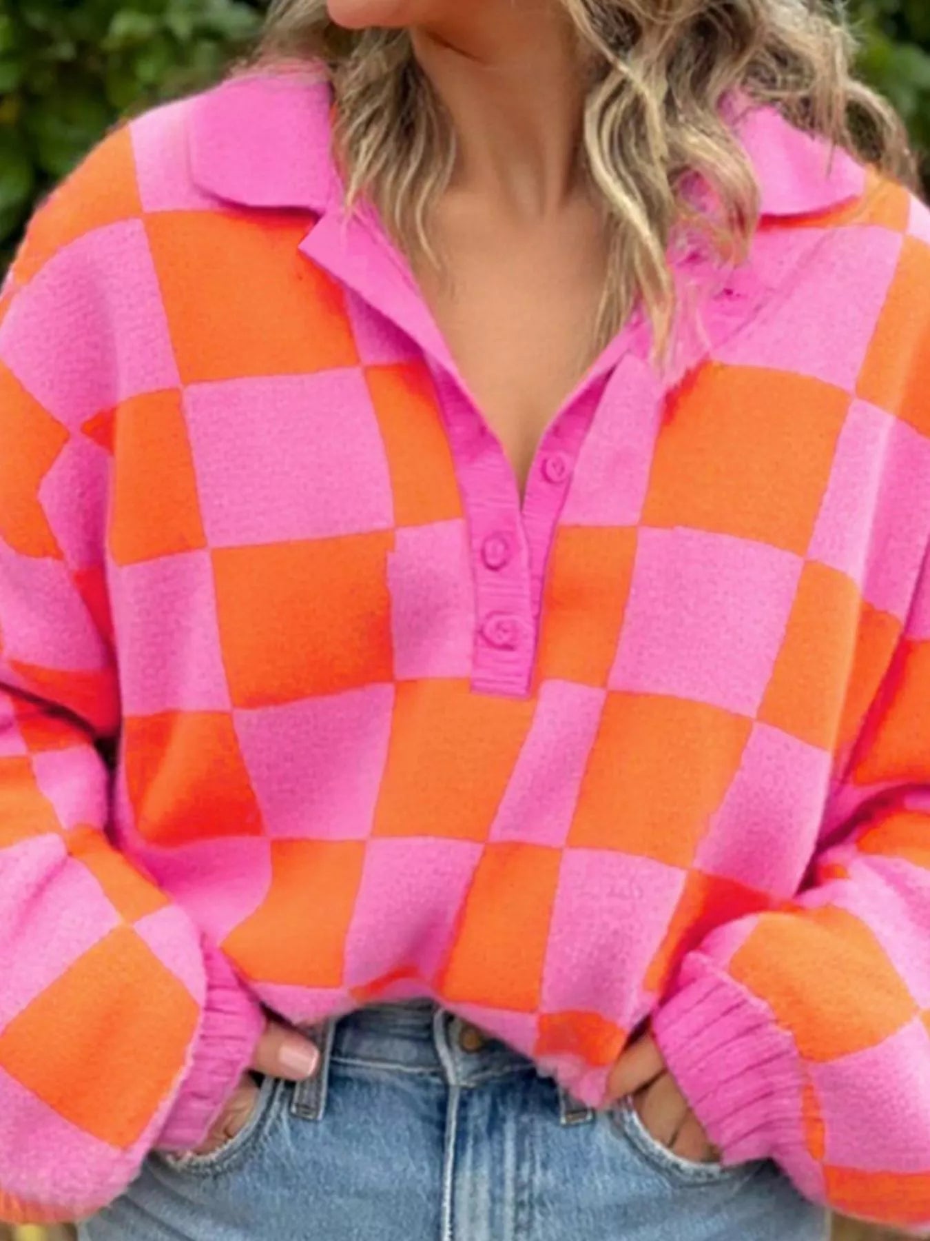 Checkerboard Pattern Half Button Sweater
