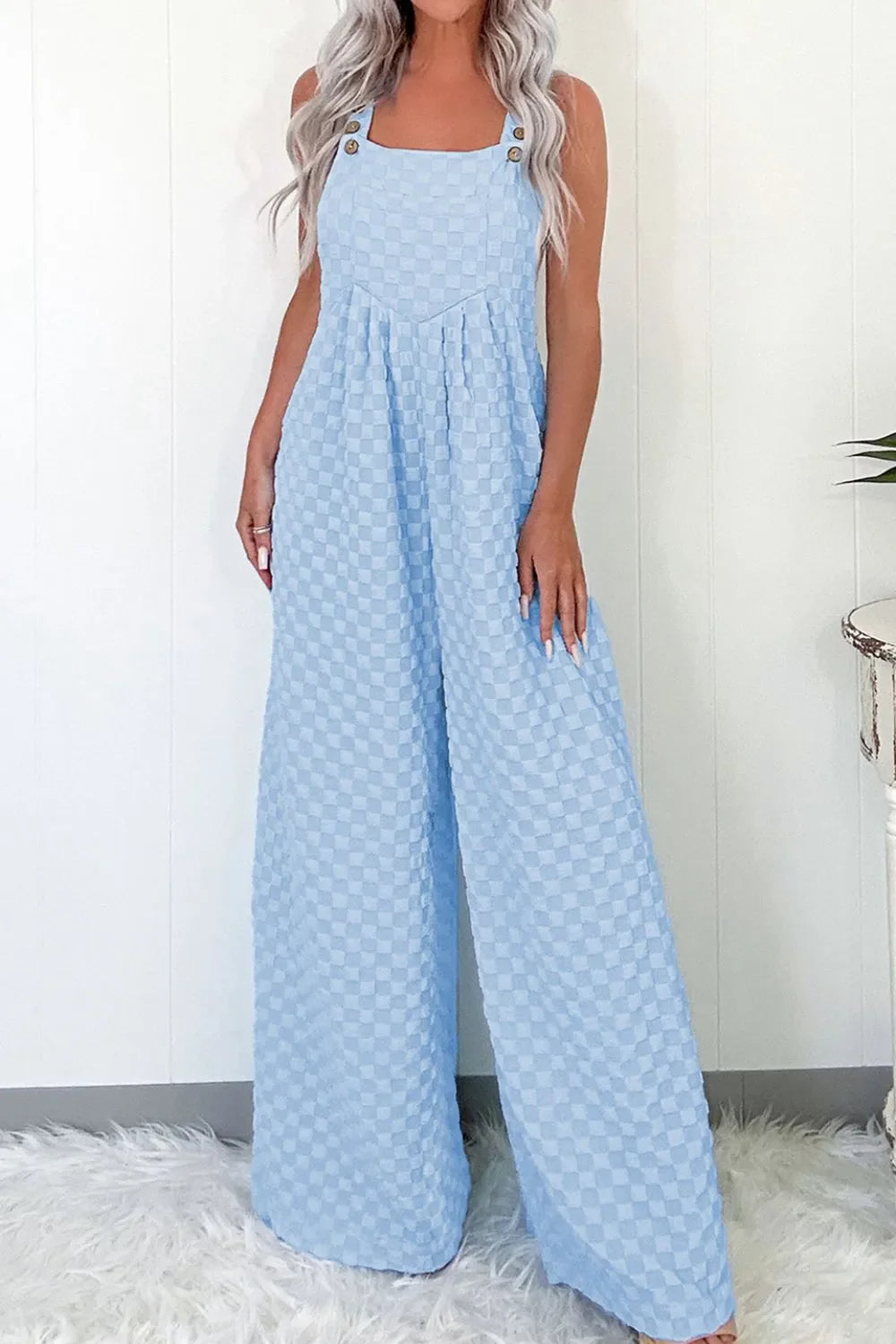 Checkered Pocketed Wide Leg Overalls Light Blue / S