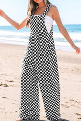 Checkered Print Pocketed Wide Leg Jumpsuit