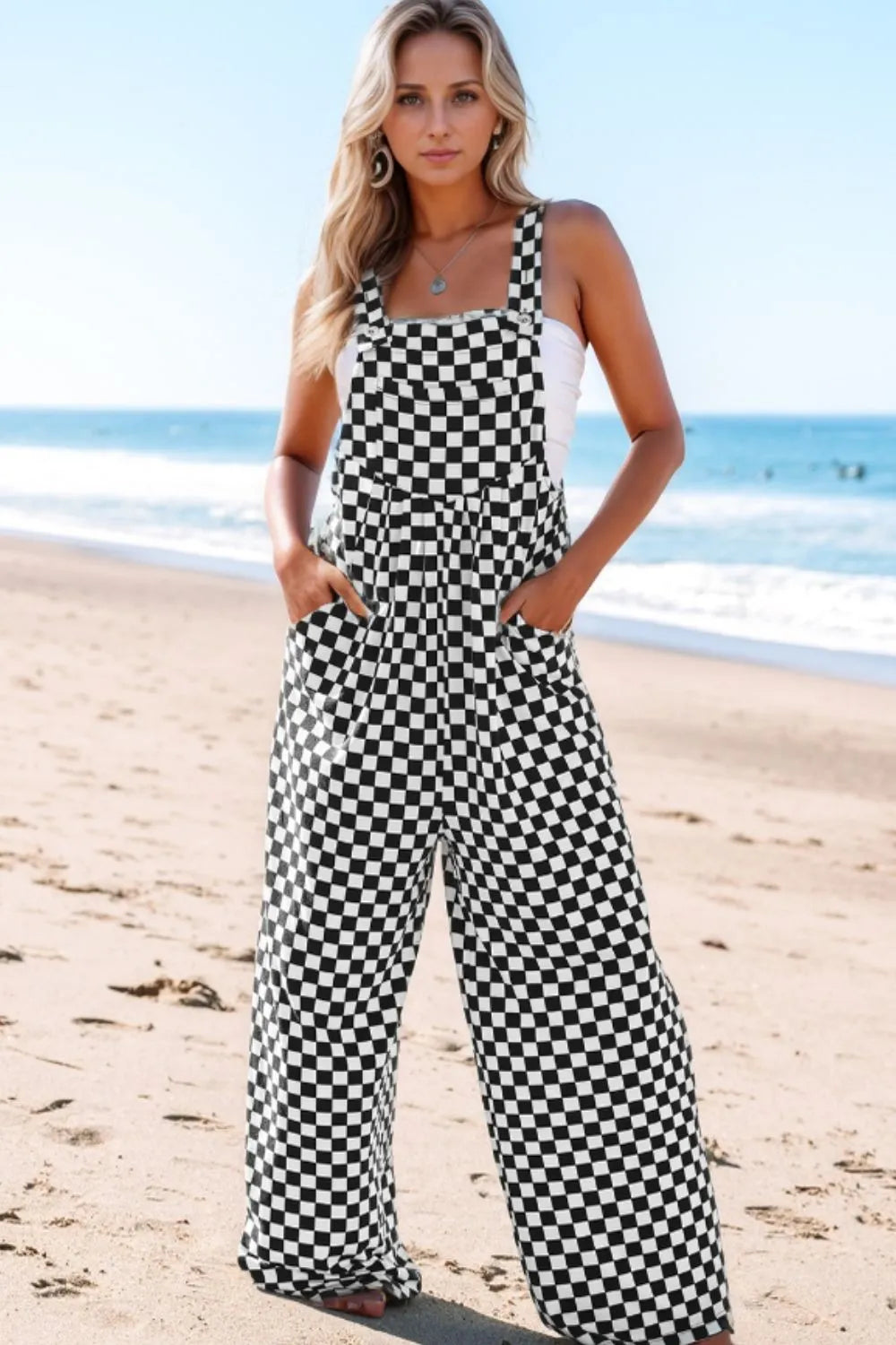 Checkered Print Pocketed Wide Leg Jumpsuit Black / L