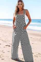 Checkered Print Pocketed Wide Leg Jumpsuit Black / L