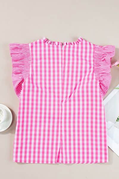 Checkered Ruffled Sleeve Frilled Neck Blouse