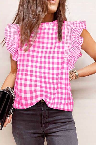 Checkered Ruffled Sleeve Frilled Neck Blouse Fuchsia Pink / S