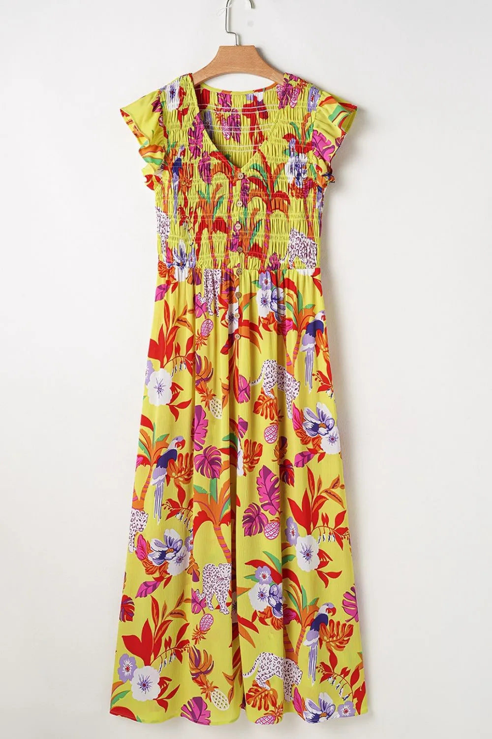 Cheetah Plant Print Shirred Button V Neck Maxi Dress