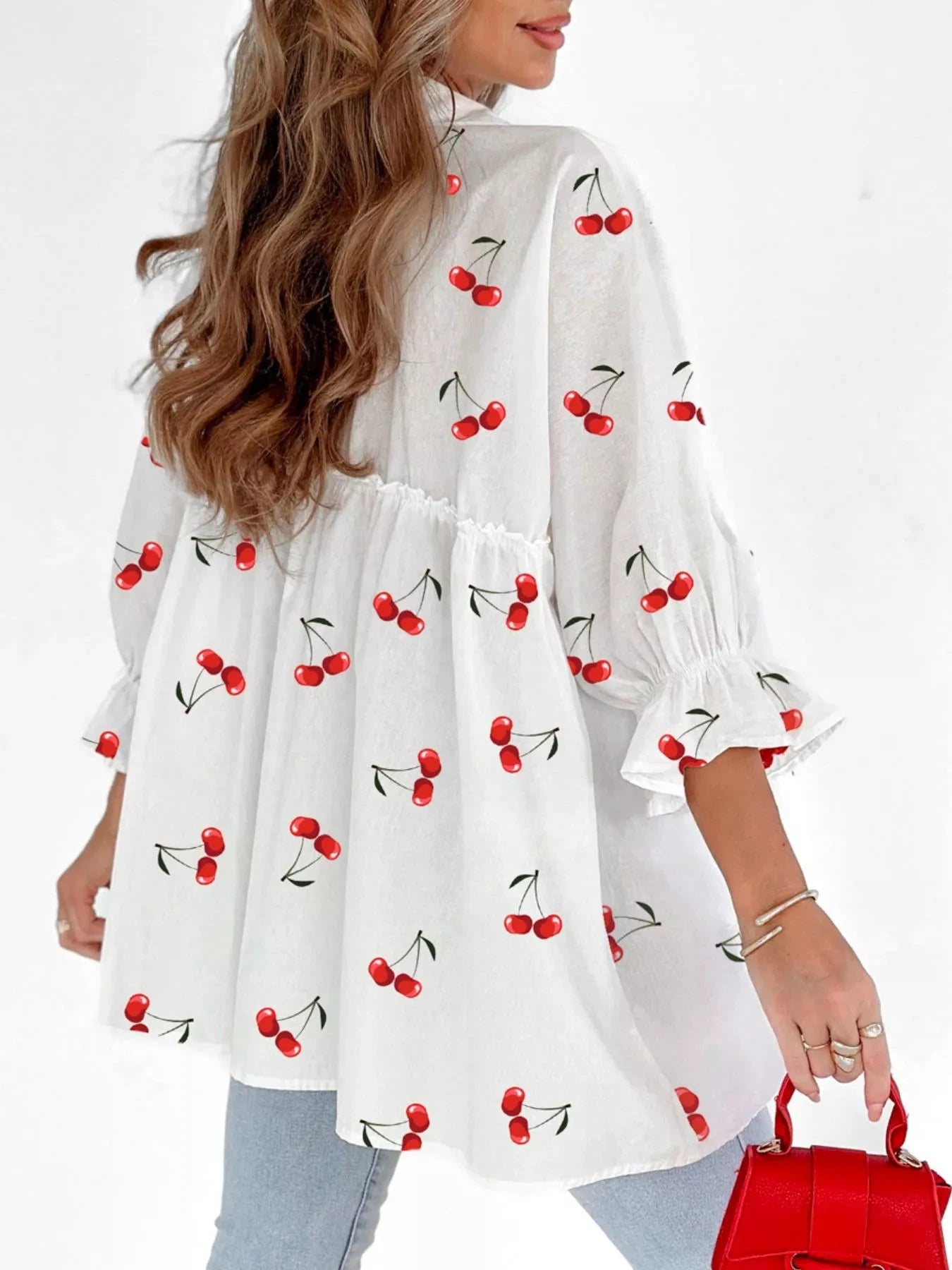 Cherry Print Flounce Sleeve Collared Frilled Babydoll Blouse