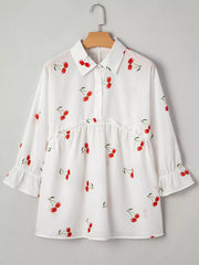 Cherry Print Flounce Sleeve Collared Frilled Babydoll Blouse