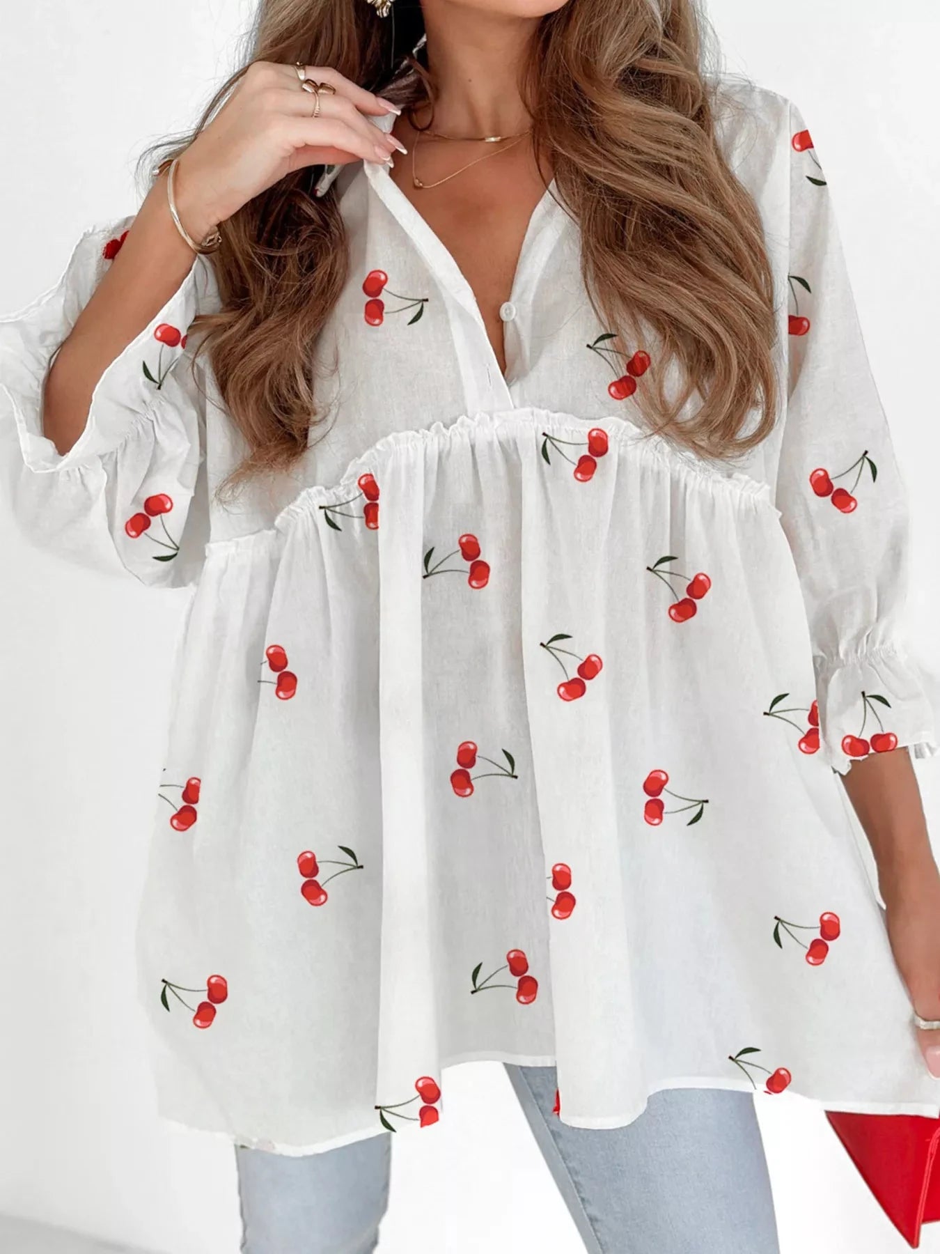 Cherry Print Flounce Sleeve Collared Frilled Babydoll Blouse