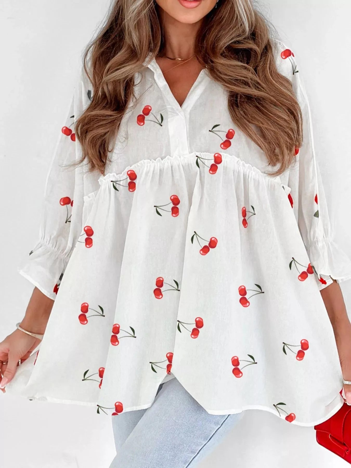 Cherry Print Flounce Sleeve Collared Frilled Babydoll Blouse White / S
