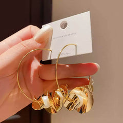 Chic Gold Tone Hoop Earrings with Faux Pearls and Abstract Metal Flowers Gold