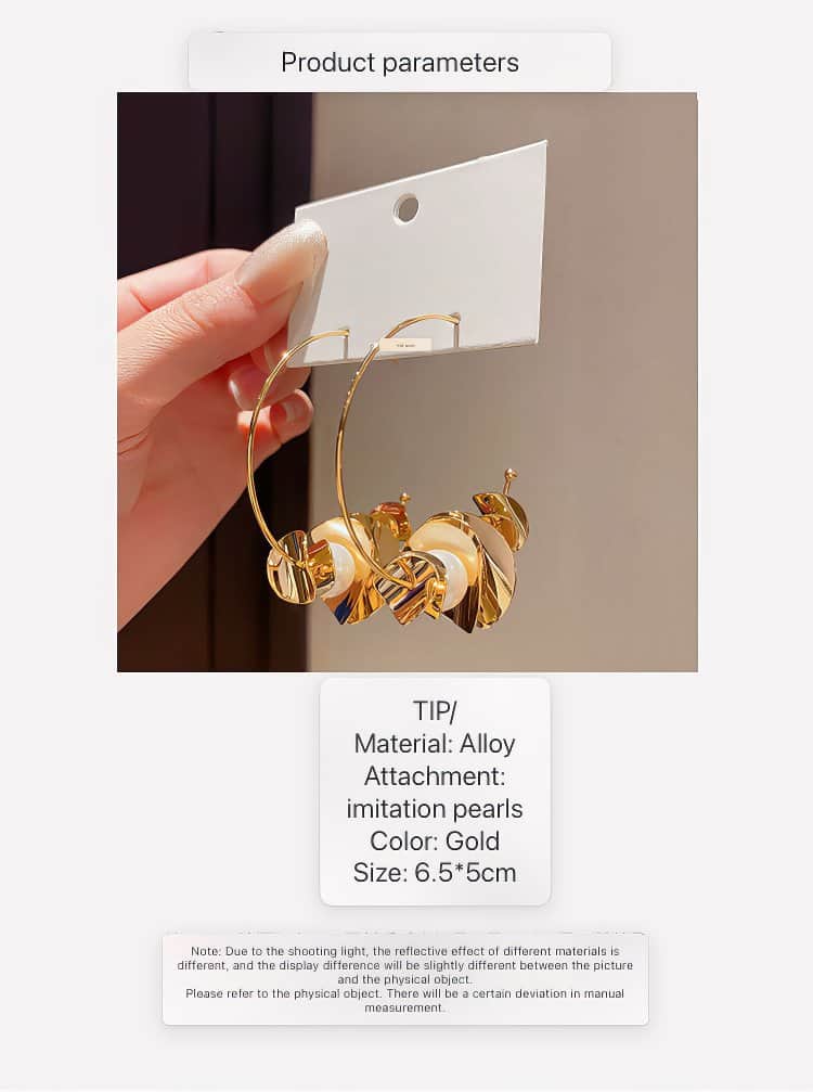 Chic Gold Tone Hoop Earrings with Faux Pearls and Abstract Metal Flowers Gold