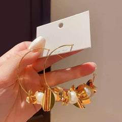 Chic Gold Tone Hoop Earrings with Faux Pearls and Abstract Metal Flowers Gold