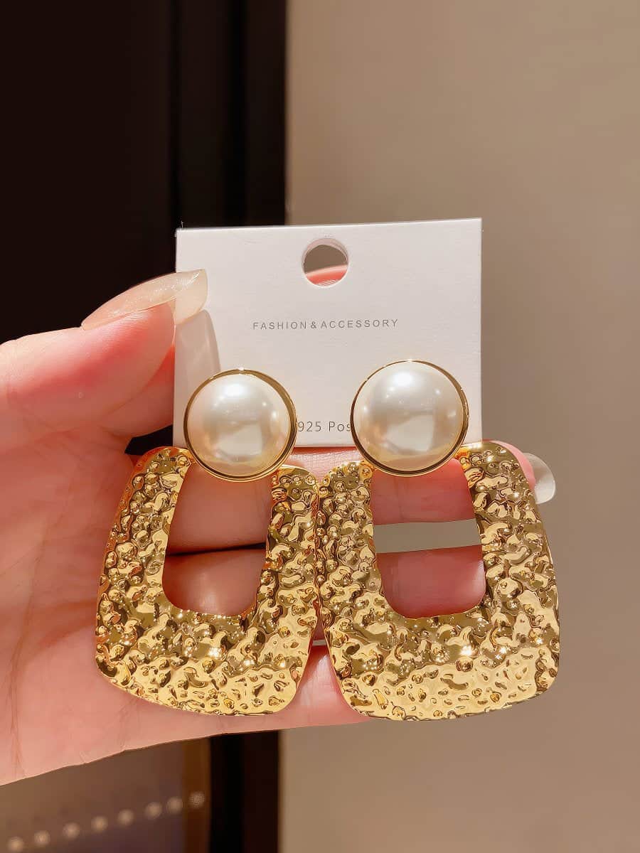Chic Silver Tone Drop Earrings with Textured Square and Faux Pearl Detail