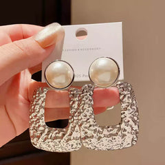 Chic Silver Tone Drop Earrings with Textured Square and Faux Pearl Detail Silver