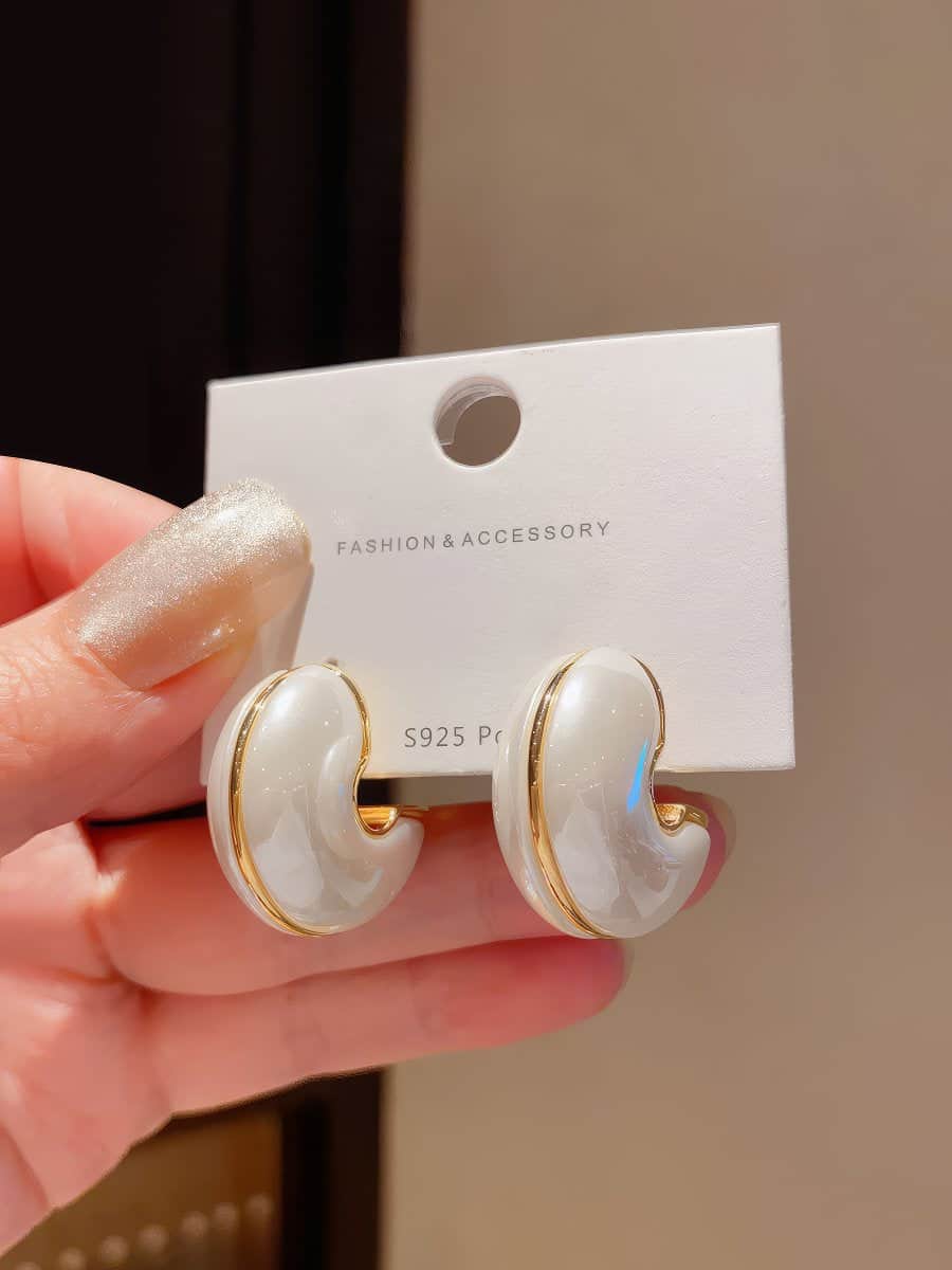 Chic Small White Enamel Hoop Earrings with Delicate Gold Tone Edging White