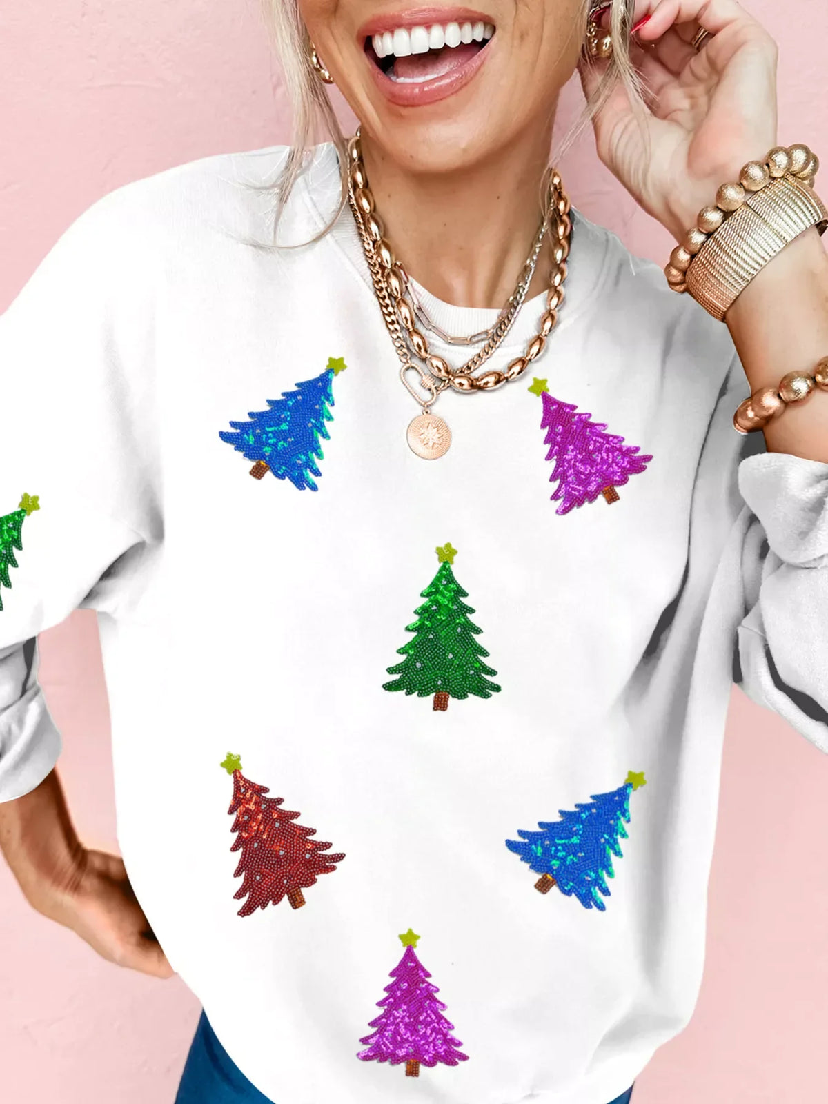 Christmas Tree Patched Patterned Festive Sweatshirt White / S