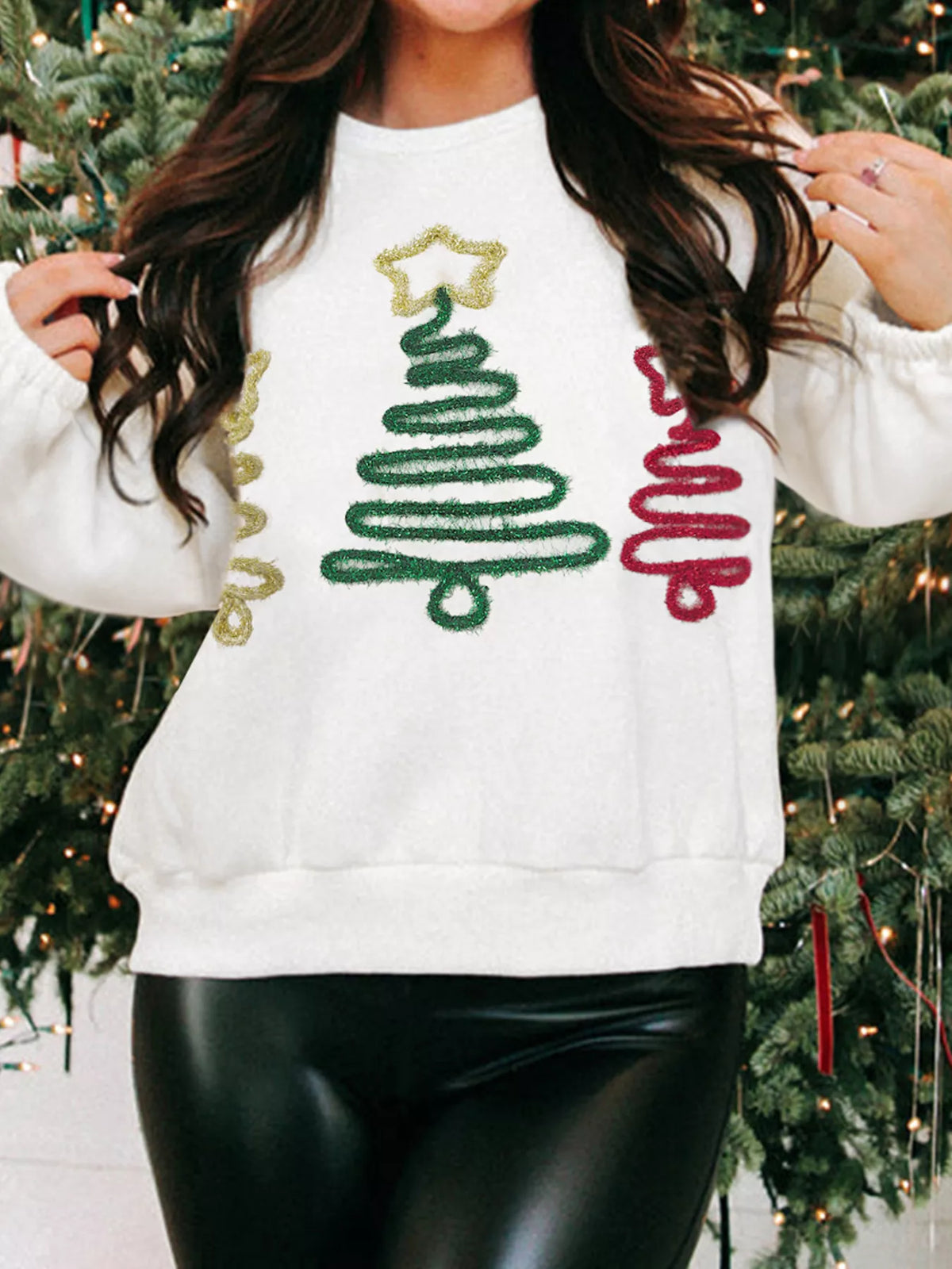 Christmas Tree Round Neck Sweatshirt White / S