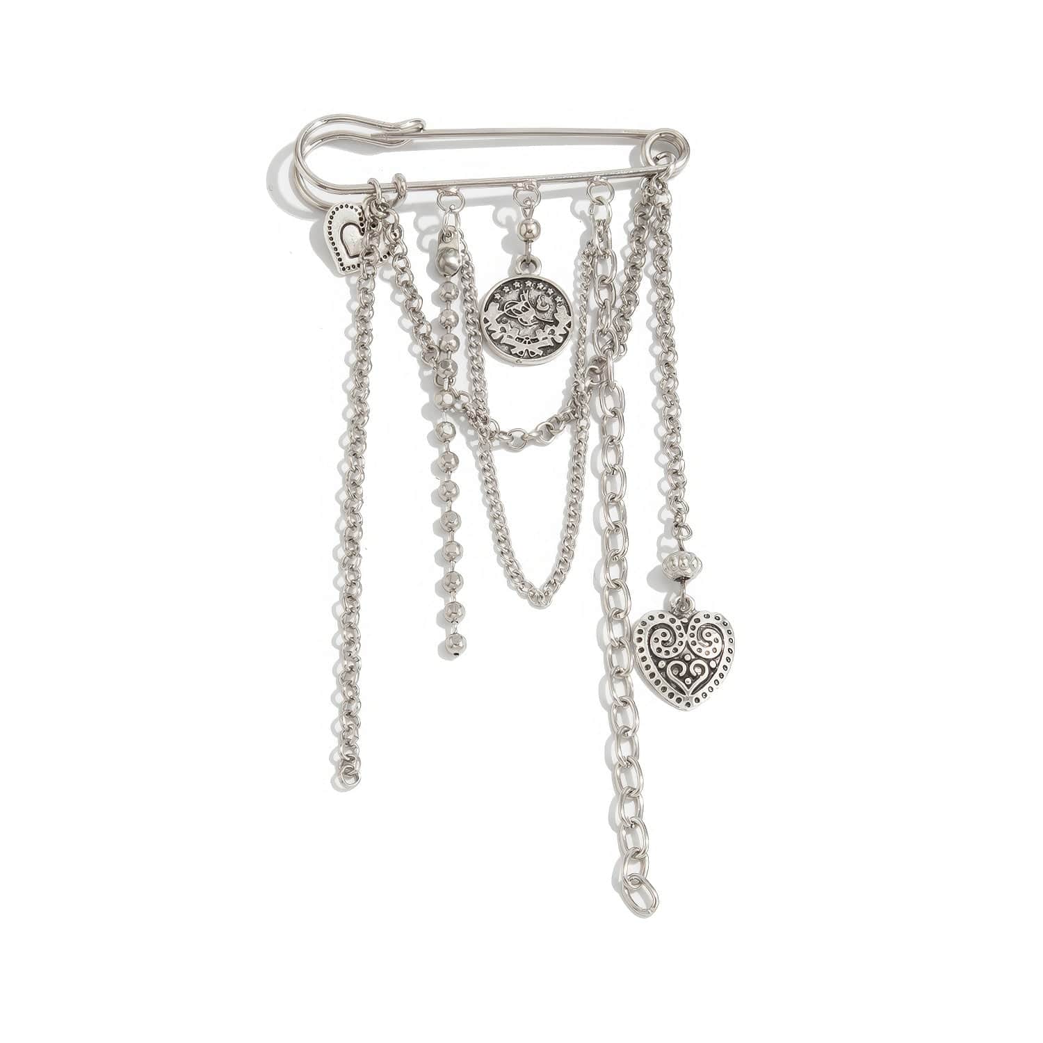 Chunky Safety Pin Chain Dangle Brooch Silver / Star Link Pin