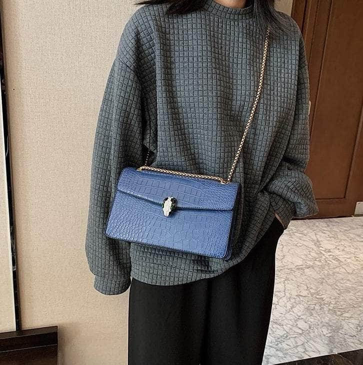 Classy Shoulder Leather Bag with Stone Accent Blue