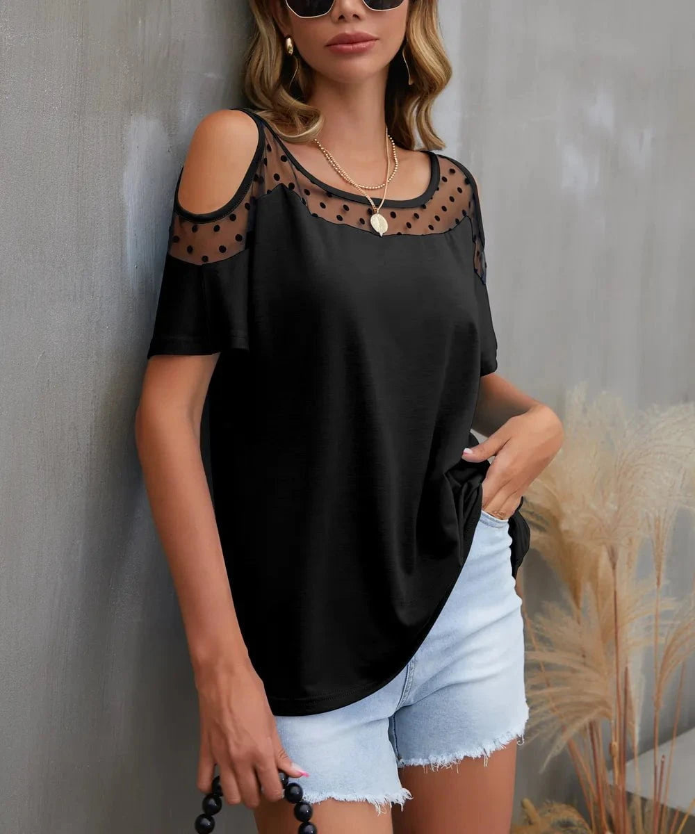 Cold Shoulder Mesh Polka Dot Top Black / S
