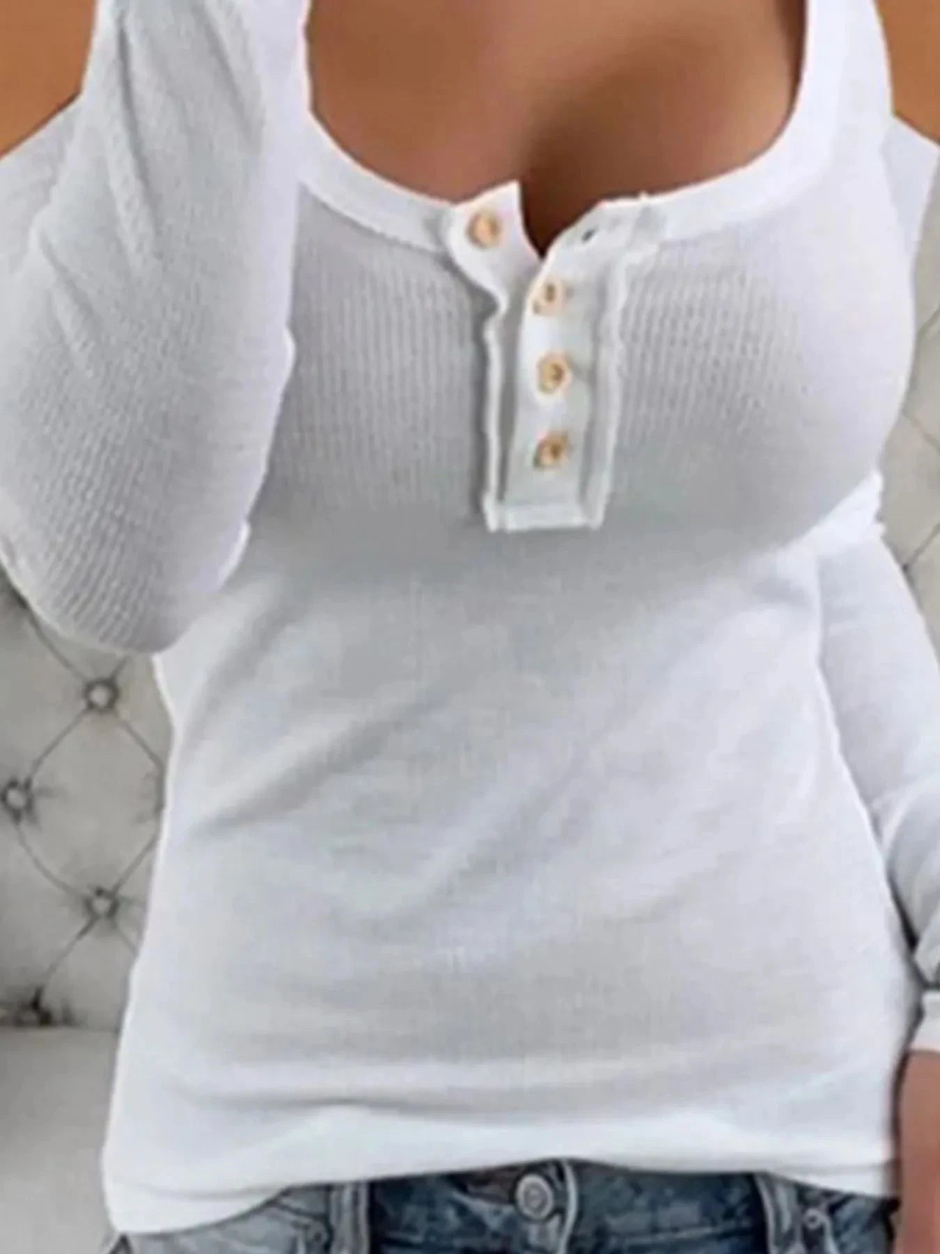 Cold Shoulder Ribbed Henley T-Shirt with Button Detail