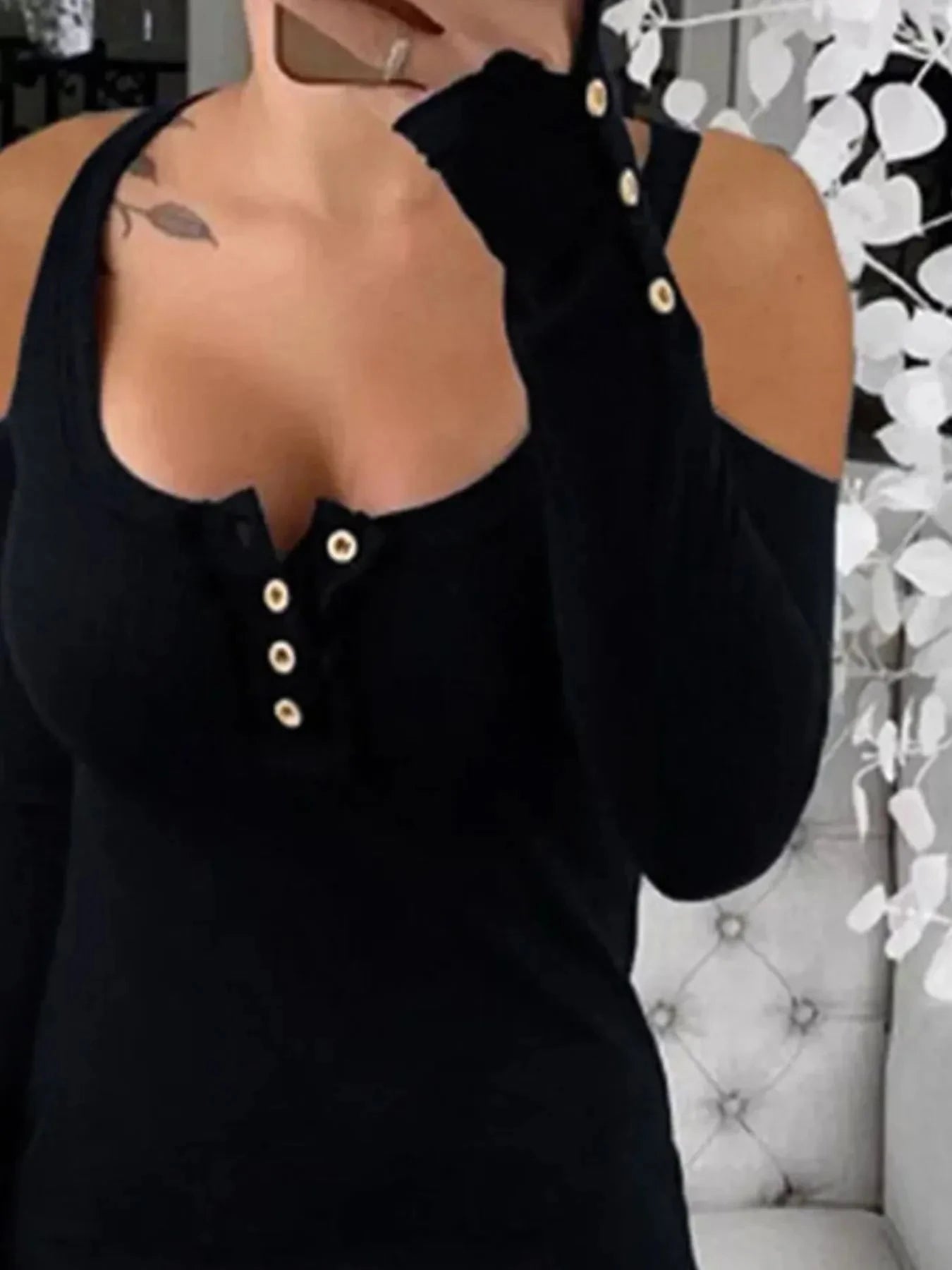 Cold Shoulder Ribbed Henley T-Shirt with Button Detail Black / S