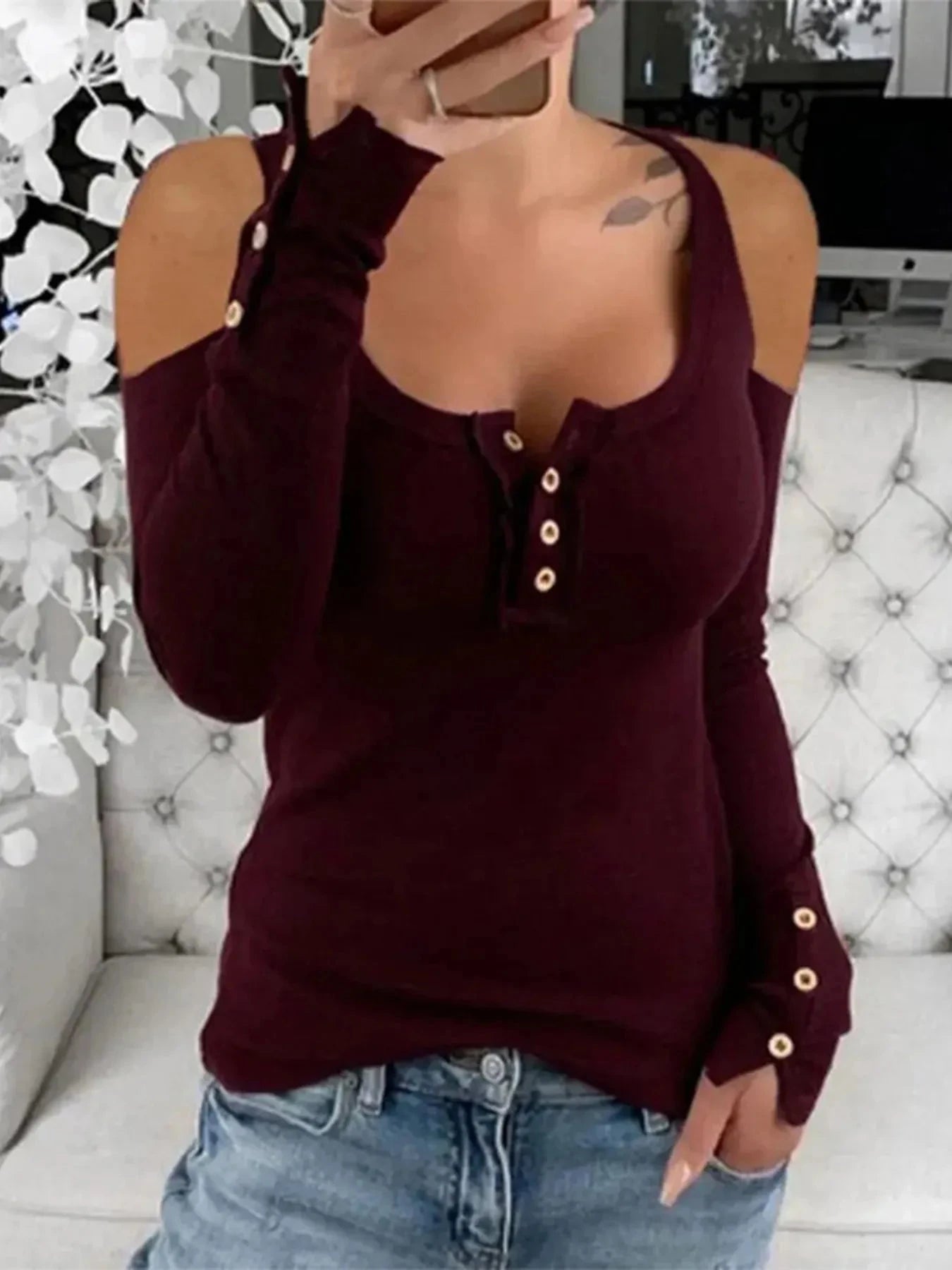 Cold Shoulder Ribbed Henley T-Shirt with Button Detail Burgundy / S