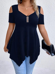 Cold Shoulder Short Sleeve Blouse Navy Blue / S