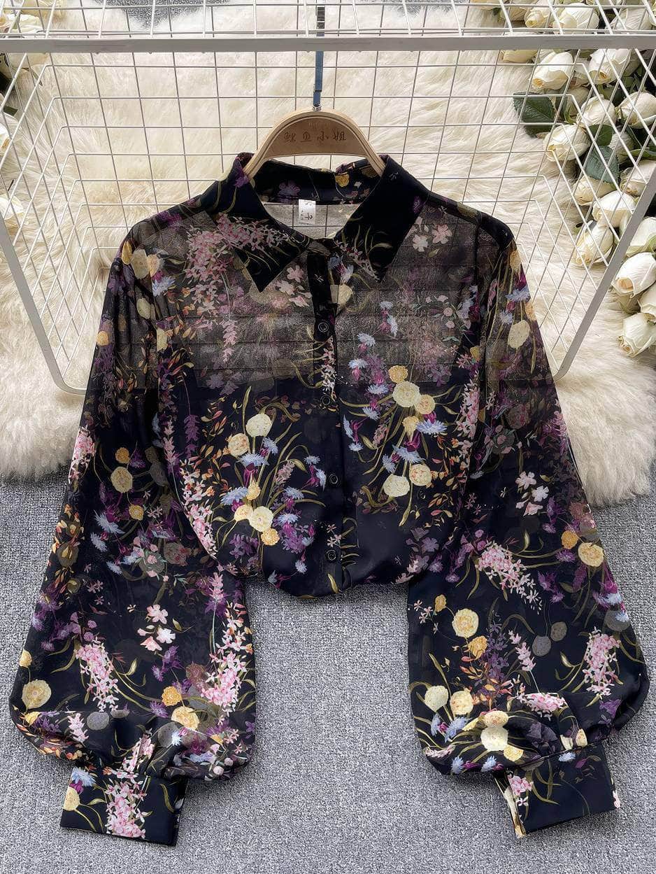 Collared Buttoned Down Lantern Sleeves Floral Shirt MAX SIZE / Floral Whimsy